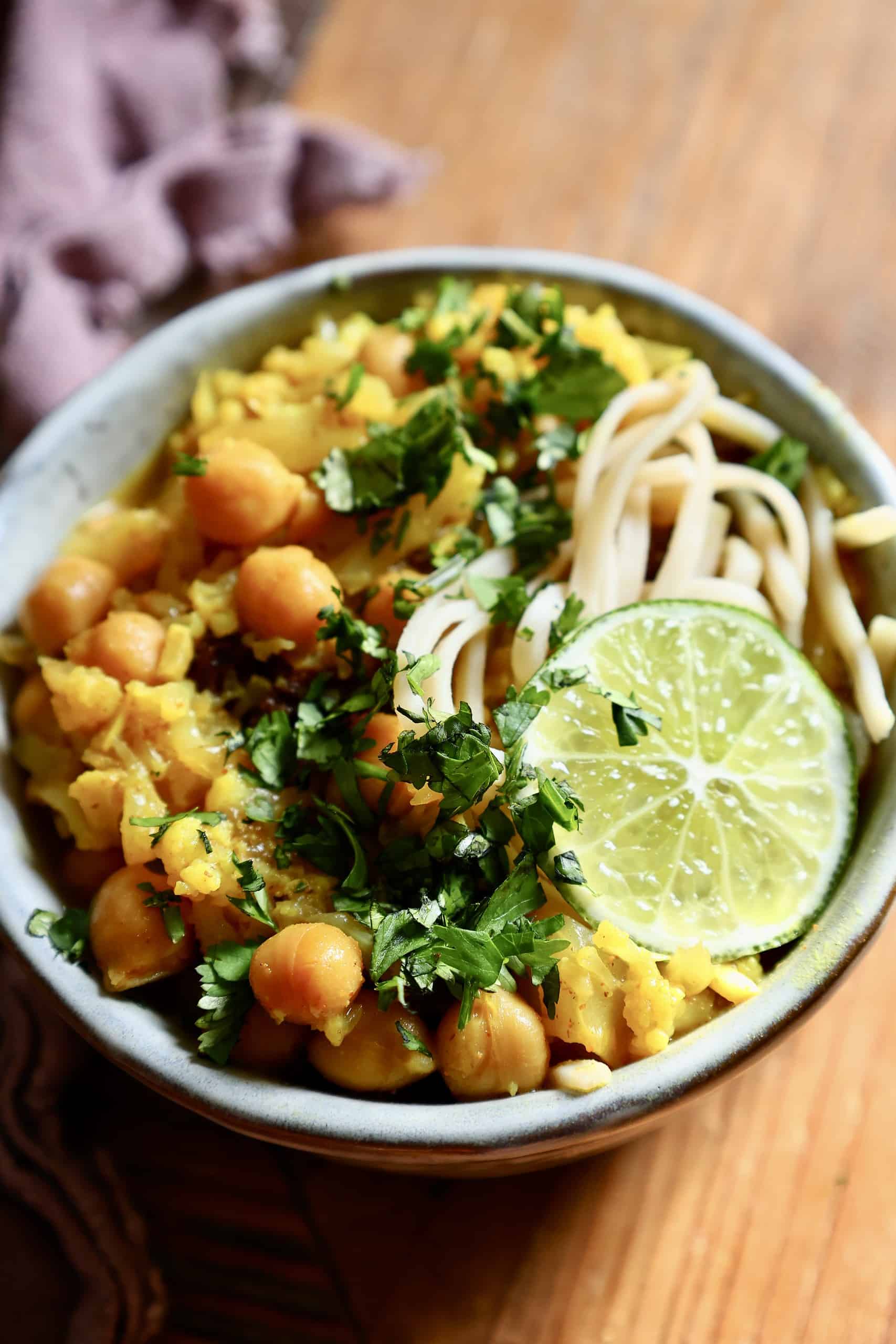 Cauliflower and Chickpea Curry with Brown Rice Noodles. - Healthy Elizabeth